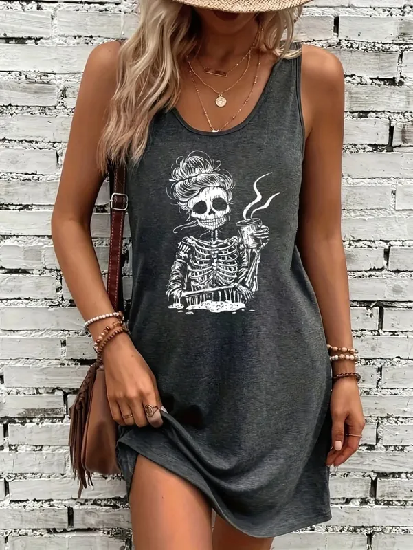 Women Summer Sleeveless Tank Dress Messy Bun Skeleton Holding Coffee Graphic Print Casual Ladies Dress