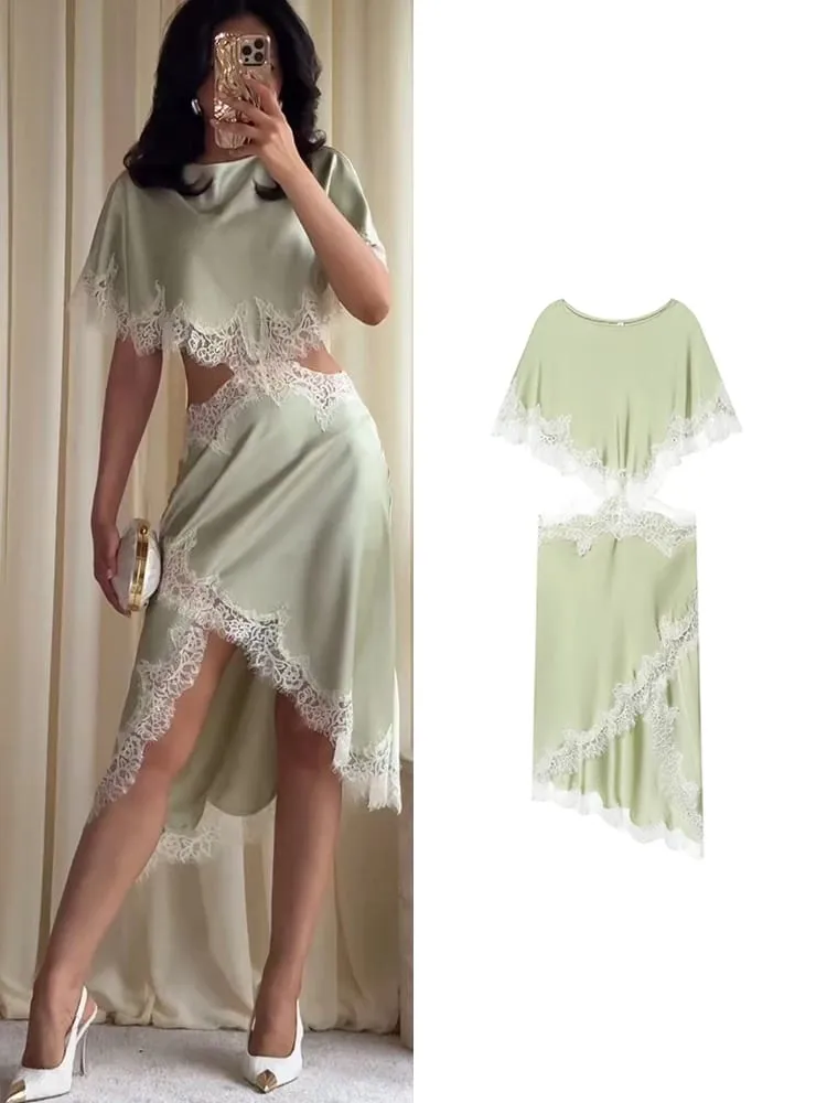 Women's Lace Trim Dress Cloak Sleeve Asymmetric Hem Cut Out Mini Dress Elegant Street Fashion Casual O Neck Dresses — image 1