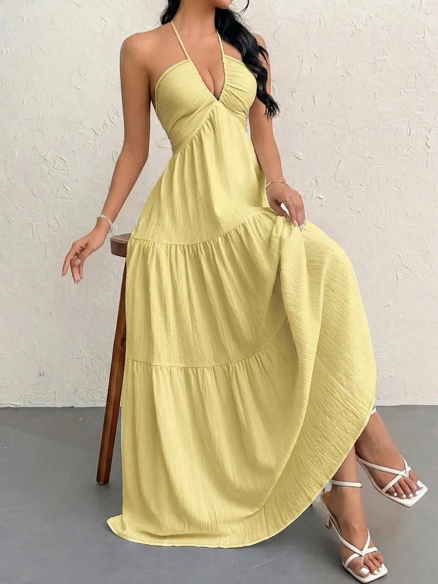 Women's Casual Dresses Halter Backless Yellow Tiered Flowy Boho Dress Spring Summer Beach Vacation Breathable Dress — image 5