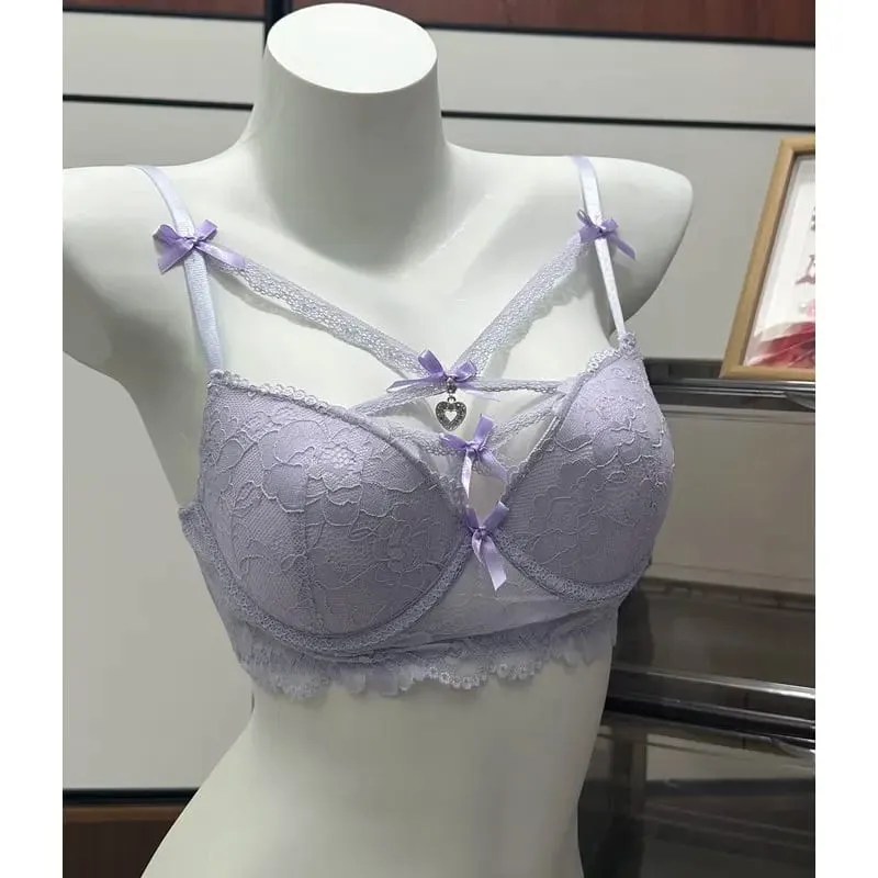 Conjunto de sutiã e calcinha de renda atraente, pingente de coração, detalhe de busto, design push-up, lingerie macia feminina S-XL 32-38AB — image 3