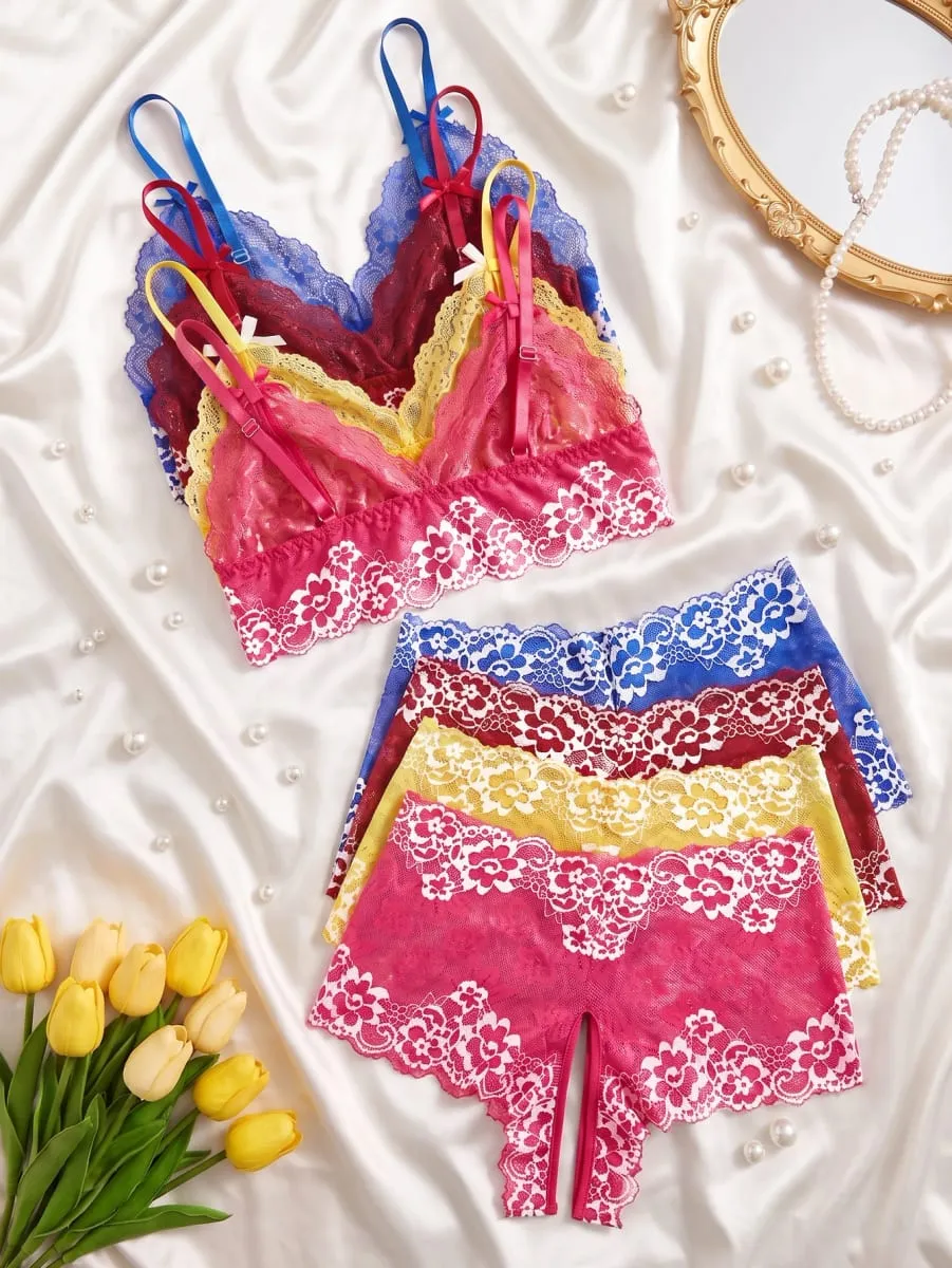 4 Pack Women's Floral Lace Lingerie Set Sexy Bra and Panty Set Wirefree Bralette Underwear Bow Spaghetti Strap Sleepwear 2026 — image 4