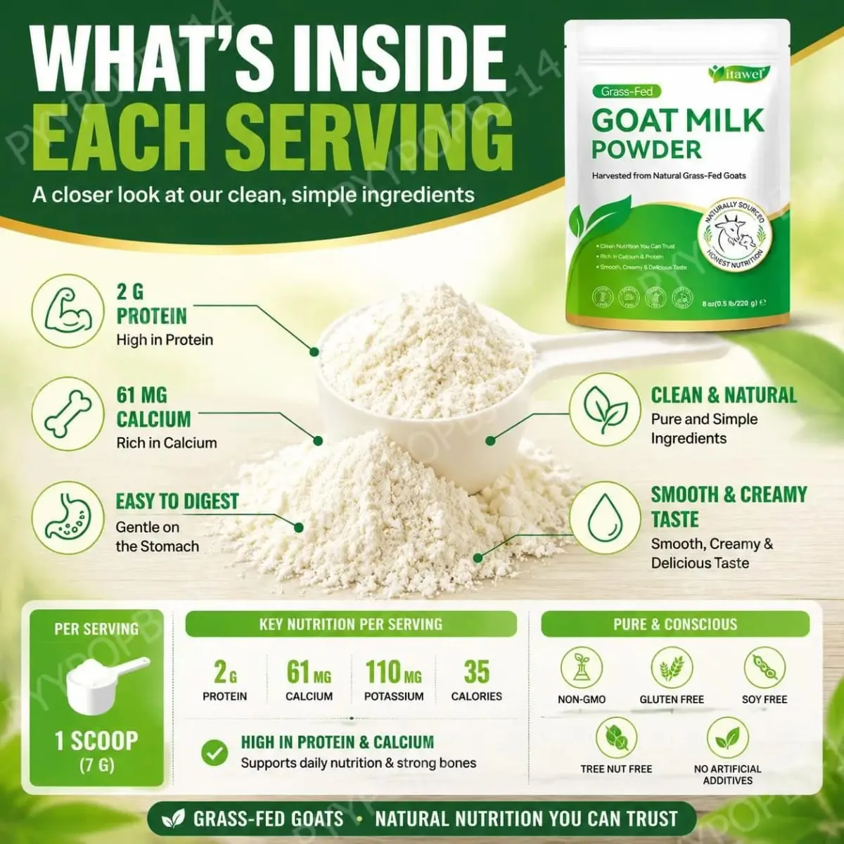 Itawel Goat Milk Nutrition Powder Supplement Grass-Fed Calcium & Protein Support Gluten-Free Easy to Mix 220g 32 Servings — image 5