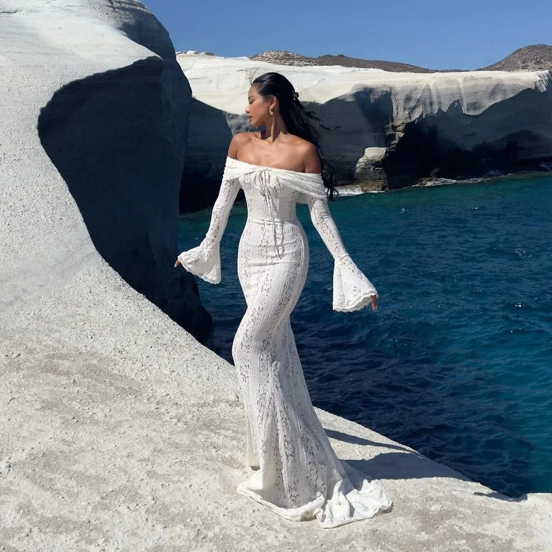 Oligai Elegant Off The Shoulder Bodycon Dress 2024 Nytt i vitt Flare Sleeve Lace Maxiklänning Bröllopsgästklänning för kvinnor — image 6