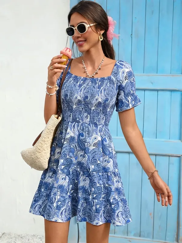 Women's Casual Dresses Square Neck Paisley Print Smocked A-line Dress Boho Dress Spring Summer Beach Date Cute Vacation Dress — image 1