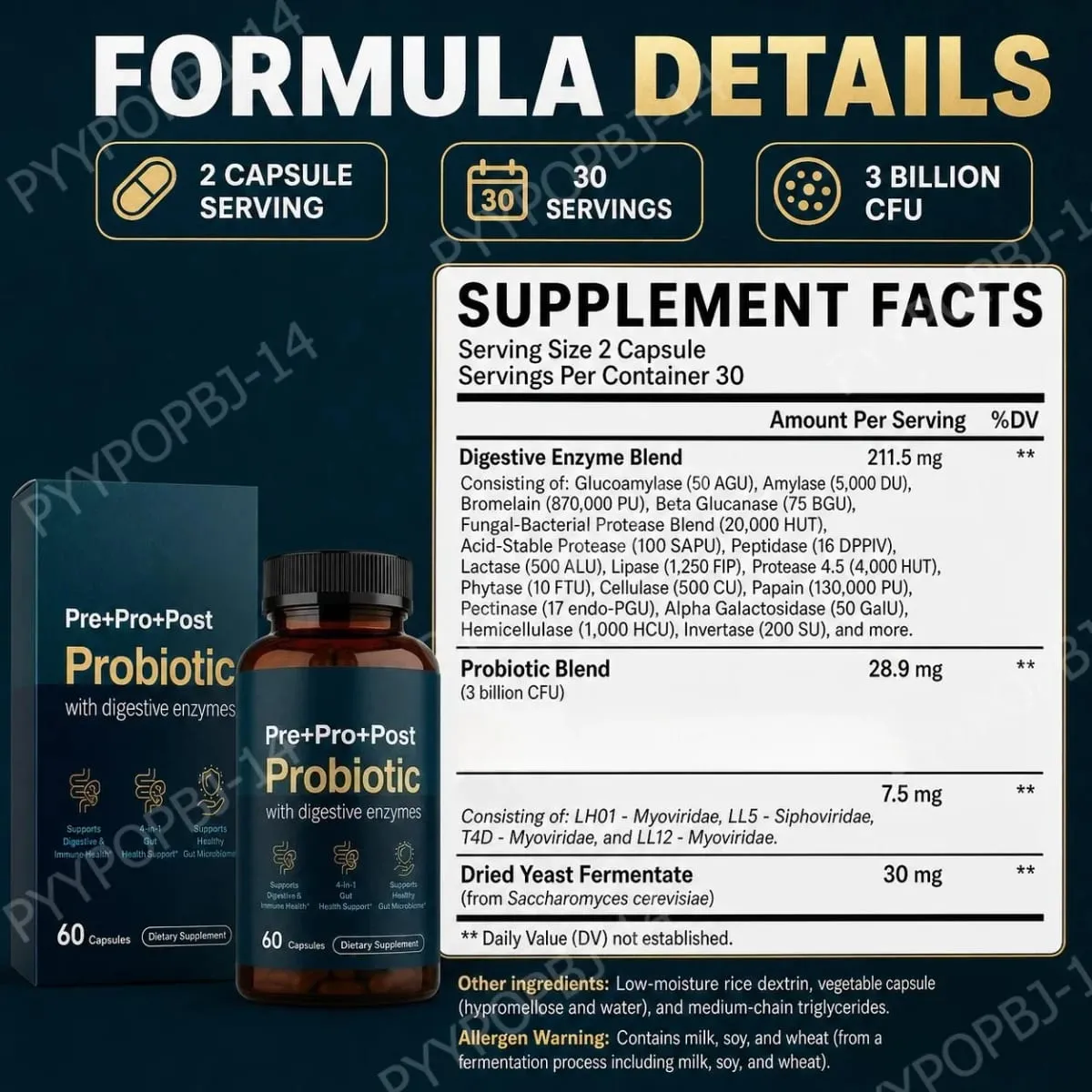 Premium 4-in-1 Probiotic Prebiotic Postbiotic Digestive Enzymes for Men&Women Supports Gut Digestion Immunity 60 Capsules — image 2