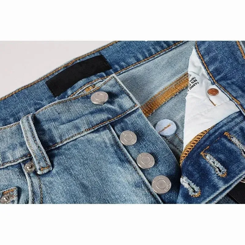 Men's Slim Taper Ripped Jeans Vintage Light Blue Wash Frayed Edges Button Fly High Street Style Denim Pants — image 3