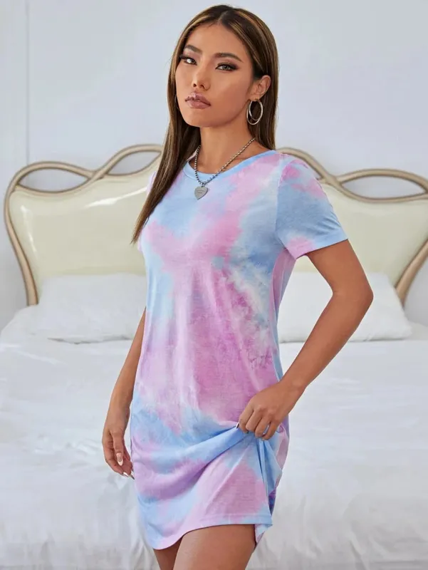 Women's Tie-Dye Printed Casual Pajama Dress Short-Sleeved Round Neck T-Shirt Dress Comfortable Loungewear