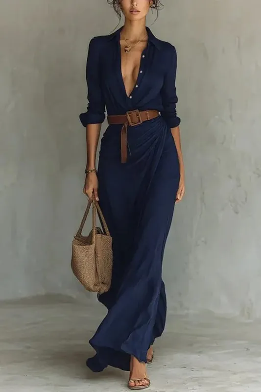 Moda feminina sólido vestido de festa de férias elegante lapela botão drapeado vestido longo casual manga longa jogo com cinto camisa vestido — image 7