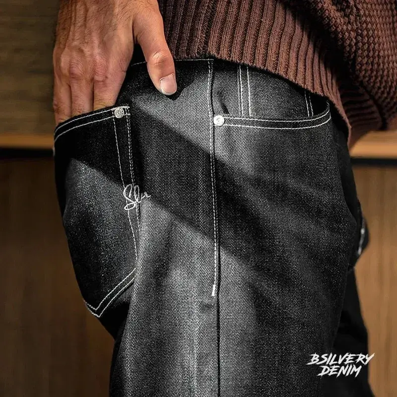 Maden Vintage 13OZ جينز دينم فضي للرجال Selvedge الخام الدينيم الخريف منتصف الخصر مستقيم السراويل الذكور تنوعا بنطلون