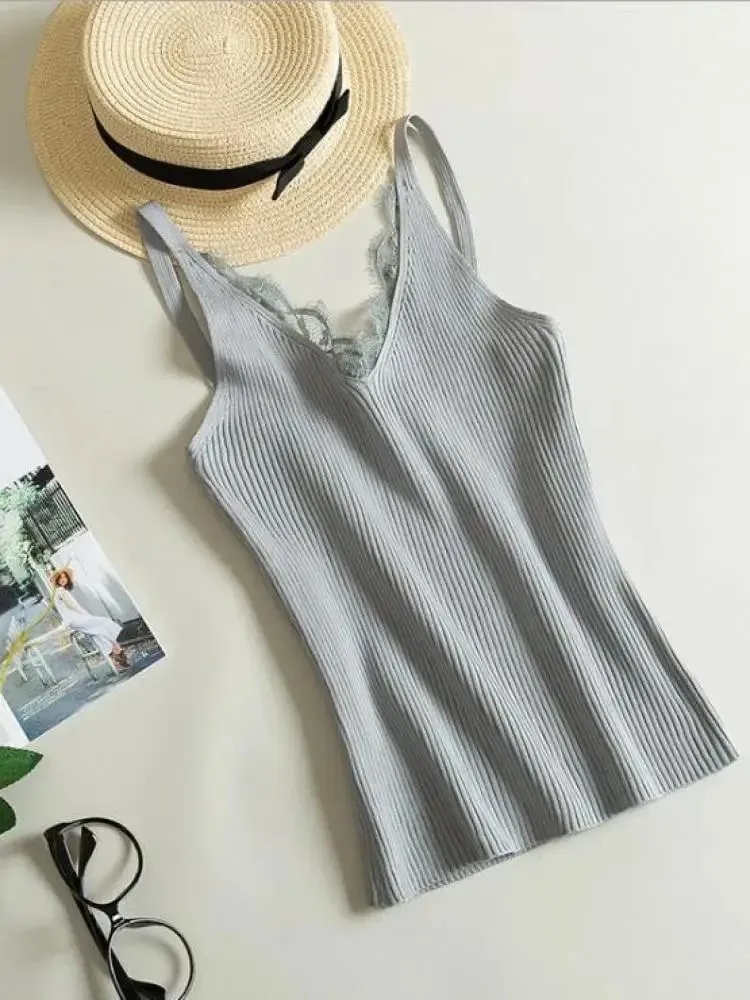 2026 Summer Casual Tops Solid Stitching V-neck Camis Women Hook Flower Lace Tank Female Knitted Short Slim Sleeveless Shirt — image 10