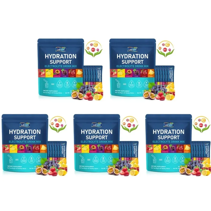 Lenm Electrolyte Drink Mix Powder with 7 Electrolytes and 5 Vitamins Sugar-Free Vegan Travel Hydration Support 24 Sticks