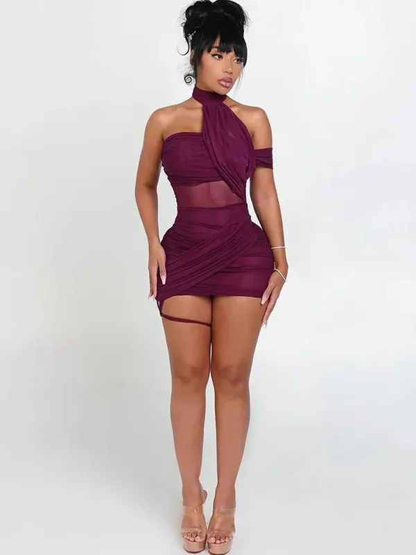 Kliou malha cruz irregular feminino mini vestido sólido sexy slash neck sem mangas oco magro vestidos mujer impressionante festa clubwear — image 4