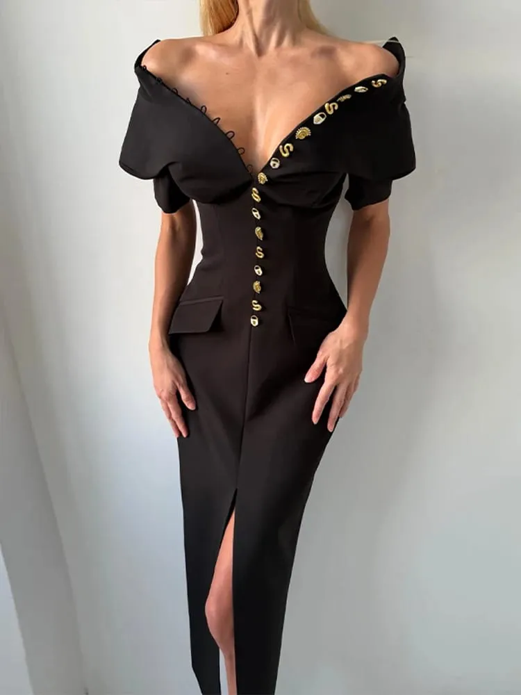 Vestido feminino elegante com decote em v manga curta único breasted sólido vestidos longos femininos 2026 moda verão sexy novo chique senhora robe — image 3