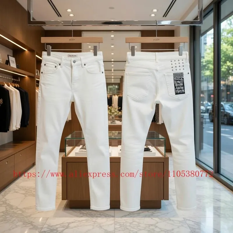 2026 New Arriva Men's Premium White Skinny Jeans Clean Fit Denim Pants High Street Fashion Trousers