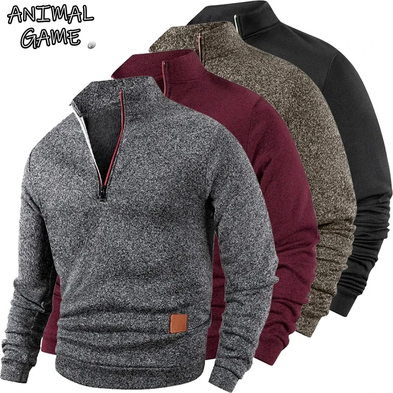 Animal Game Men's Half Zipper Sweatshirts Long Sleeve Solid Pullover Turtleneck Streetwear Warm Jacket Sport Coats Outerwear — image 2