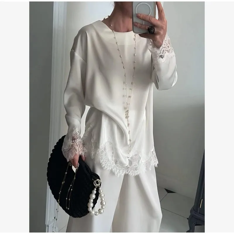 Pambabae Light Blue Lace Satin Round Neck Dress Elegant Side Tie Long Sleeve Soft Short Gown 2026 Daily Vacation Party Sundress — image 6