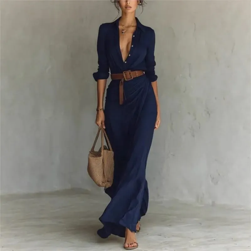 Moda feminina sólido vestido de festa de férias elegante lapela botão drapeado vestido longo casual manga longa jogo com cinto camisa vestido — image 5