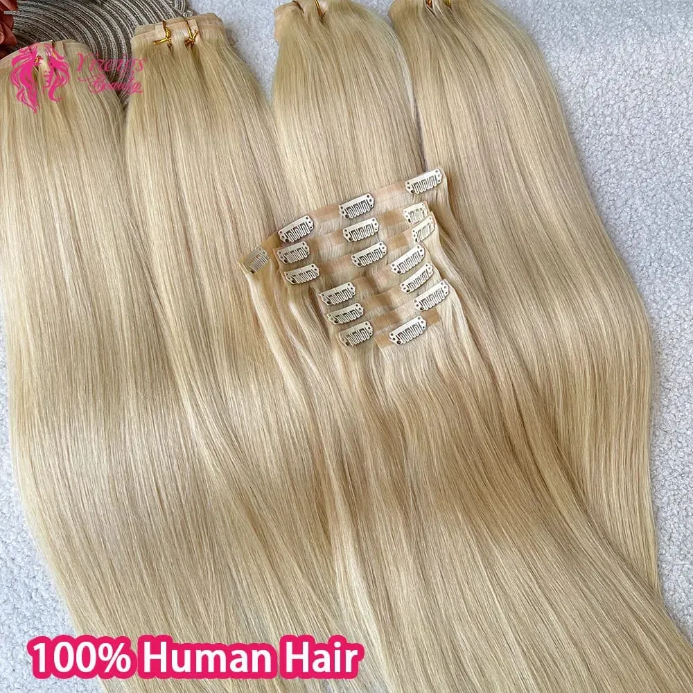 #613 Blonde Clip in Hair Extensions Human Hair Straight Virgin Human Hair Extensions Clip ins for Women 120g/7Pcs — image 3