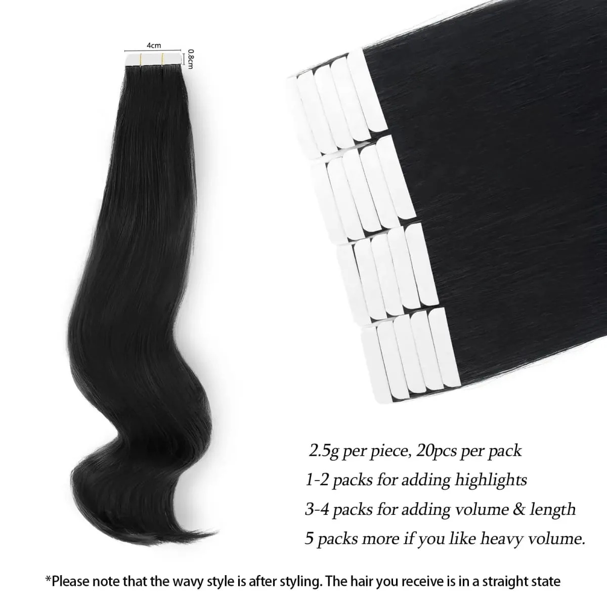Straight Tape in Hair Extensions Human Hair Natural Black #1B Remy Tape in Human Hair Extensions for Women Double Sided Seamless Thick End Silky Straight 20pcs 50 Gram 26 Inch — image 3