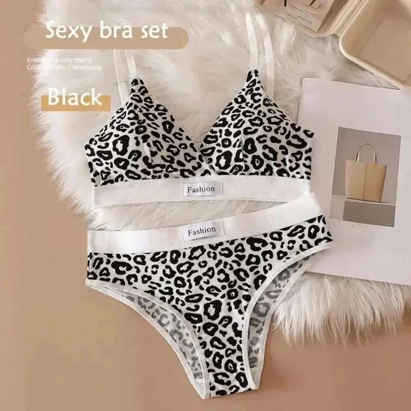Women Seamless Bra Set Sexy Lingerie Low Waist Panties Leopard Bralette Set Vneck Sport Brassiere Female Cotton Underwear