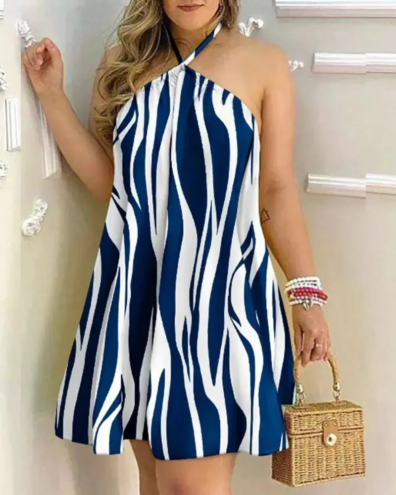 Women Halter Neck Sleeveless Floral Print Loose Swing Mini Dress Casual Beach Vacation Summer Cover Up Dress — image 5