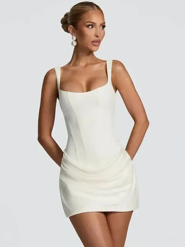 Mozision Backless Ruched Sexy Mini Dress Women Elegant Tapered Straps Square Collar Sleeveless High Waist Club Party Dress — image 2