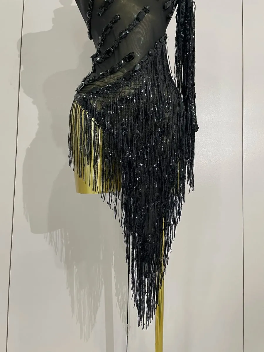 Novo brilhante strass borla sexy transparente vestido feminino um ombro roupas de dança latina bares boate festa palco traje — image 6