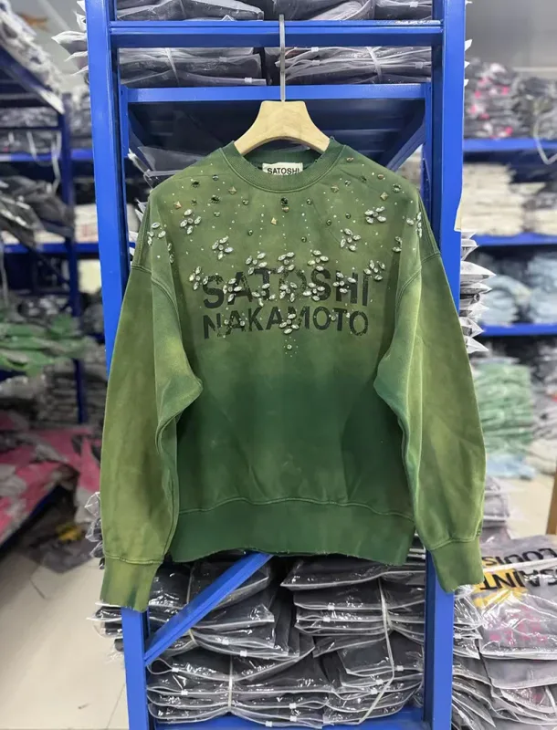 Letters Logo Rhinestone Rivet Satoshi Nakamoto Sweatshirts Men Women Streetwear Vintage Washed Charcoal Gray Green Pullovers Tag