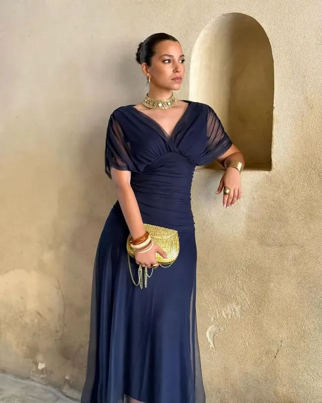 Women Solid Deep V-neck Mesh Long Dress Elegant Puff Short Sleeve Ruched Waist High Vestidos 2026 Summer Lady Casual Street Robe — image 11