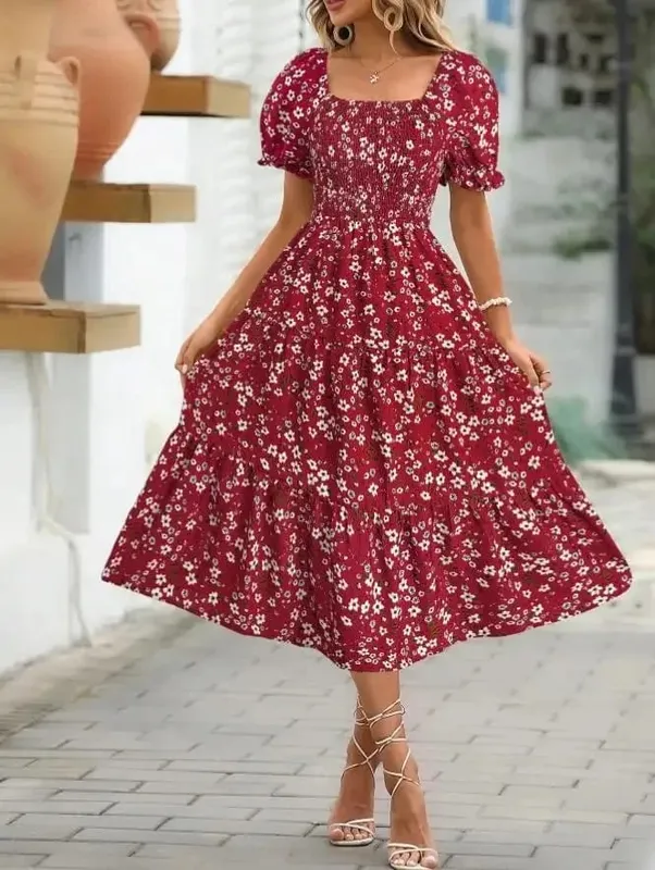 2025 New Women's Printed Dress Square Collar Bubble Sleeve Empire Waist Midi Dress Short Sleeve Cross-Border Independent Station — image 8