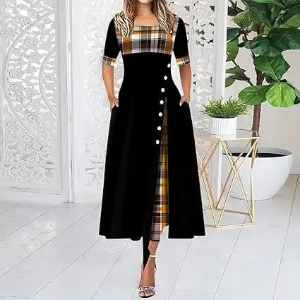 Pambabaeng Irregular Lattice Patchwork Long Dresses Vintage Buttons O Neck Half Sleeves Casual Lady Commuting Dress Fashion