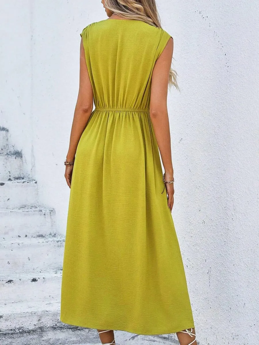 Women's Solid Color A-Line Dress Sleeveless Front Thin Straps Elegant Belted Midi Dress for Summer — image 2