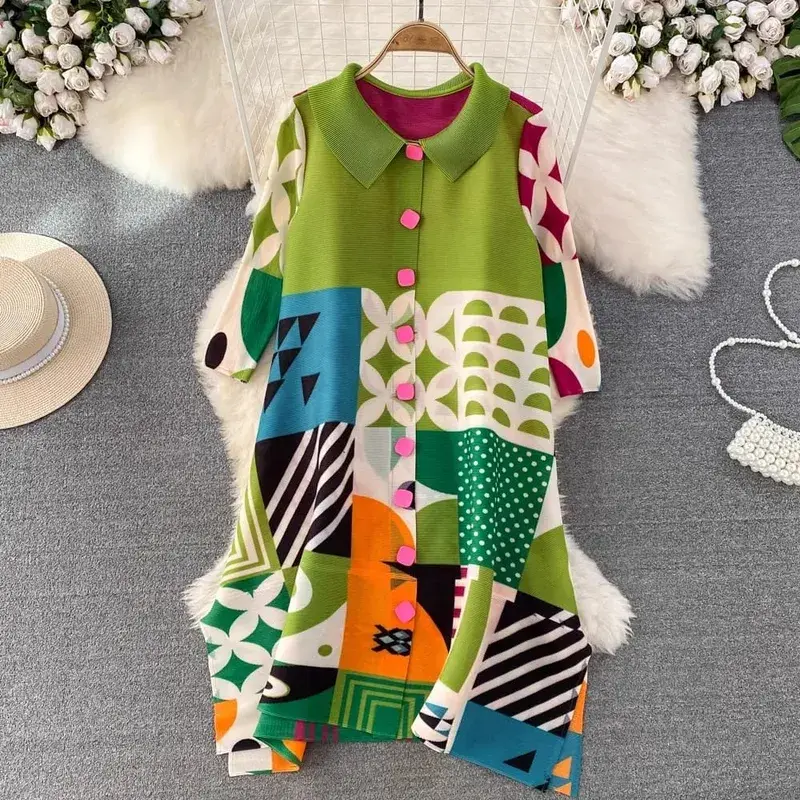 Miyake plissado drape vestido feminino 2024 primavera verão colorblock impressão lapela 3/4 manga único breasted moda camisa vestidos