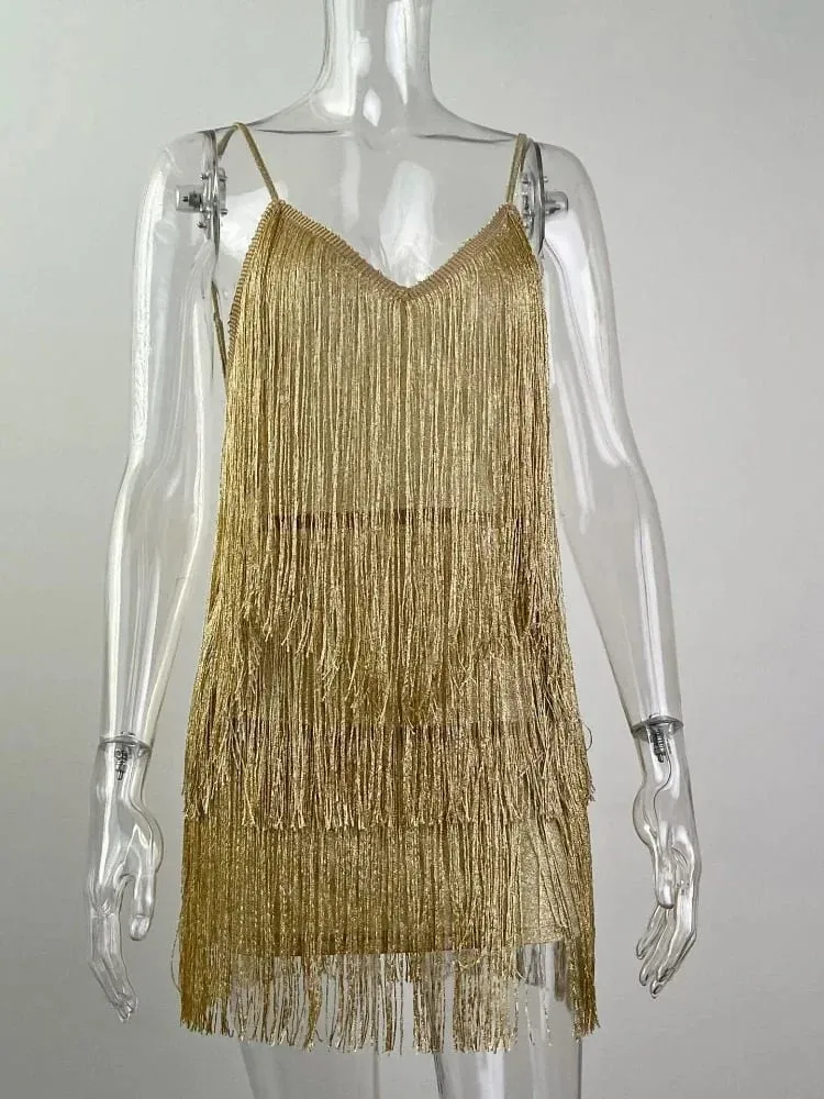 Leosoxs feminino sexy decote em v profundo cintas de espaguete franja bodycon mini vestido borlas sem costas gatsby cocktail club vestidos de festa — image 7