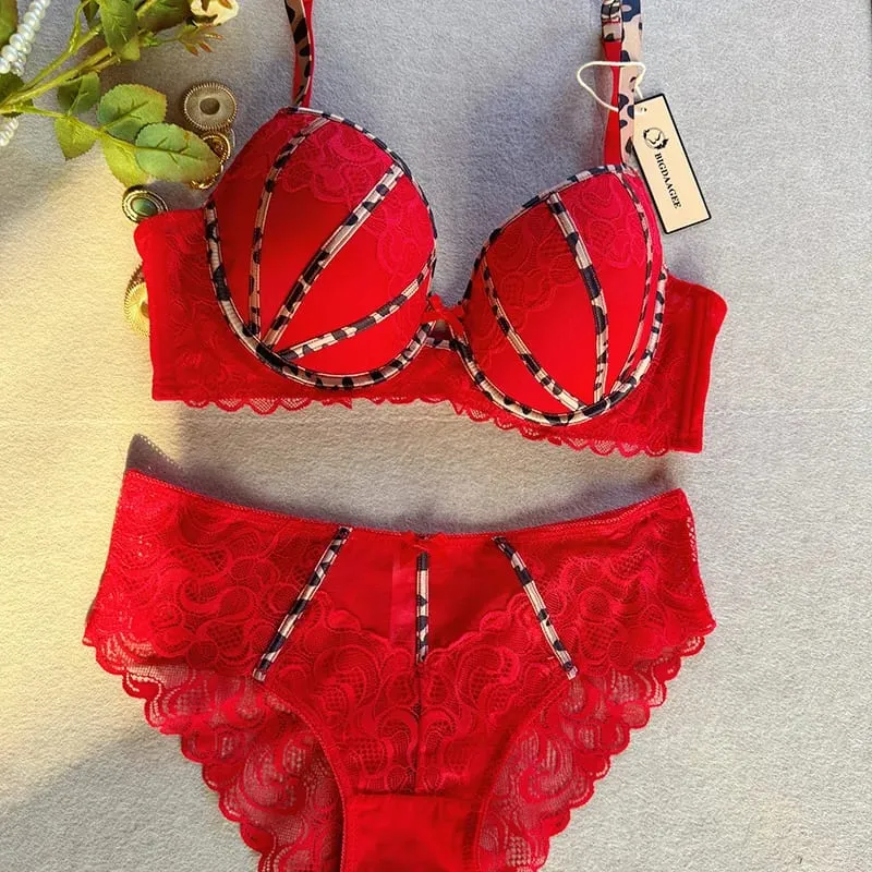 Sexiga kvinnor Push Up BH Europa 3/4 kopp Spets Blommor Broderi Underkläder Set Leopard Bandage Justerbar rem BHar Plus Size BCDE — image 6