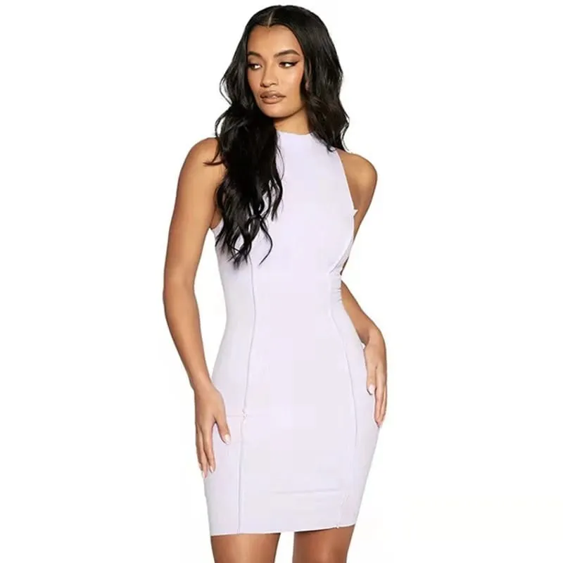Mulheres verão sexy magro envoltório hip vestido sólido retalhos o pescoço sem mangas mini vestidos ins moda alta rua bainha vestidos — image 5