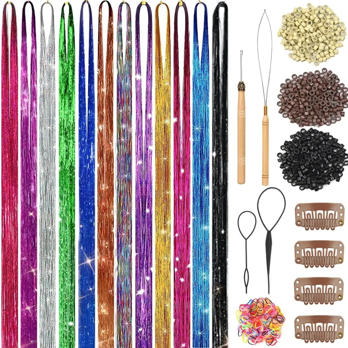 Hair Tinsel Kit 6 Pcs 2000 Strands Silver Tinsel Hair Extensions Fairy Hair Tinsel Heat Resistant Sparkly Shiny Synthetic Hair — image 2