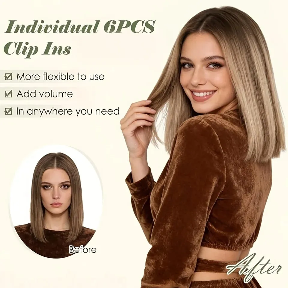 Straight Clip In Hair Extensions Synthetic 6Pcs Highlight Clip On Hair Pieces Thin For Women Short Bob Hairstyle Daily — image 6