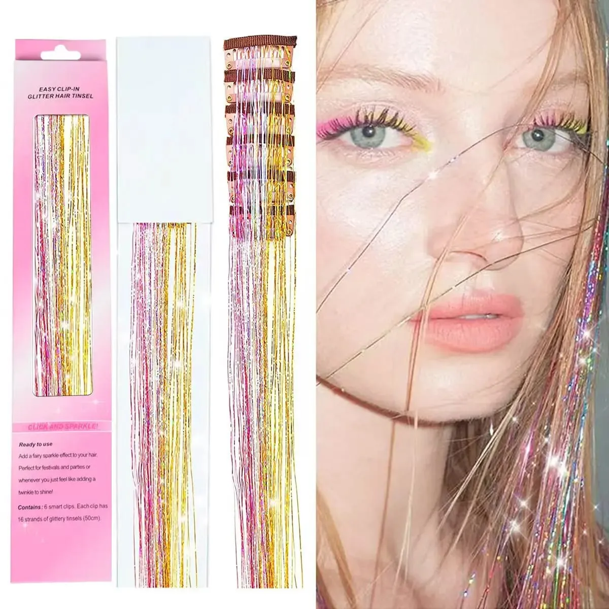 Synthetic Hair Clips in Glitter Tinsel Hair Extensions 20 Inch 6 PCS/Set Heat Resistant Sparkle Clip in Hair for Girls Women