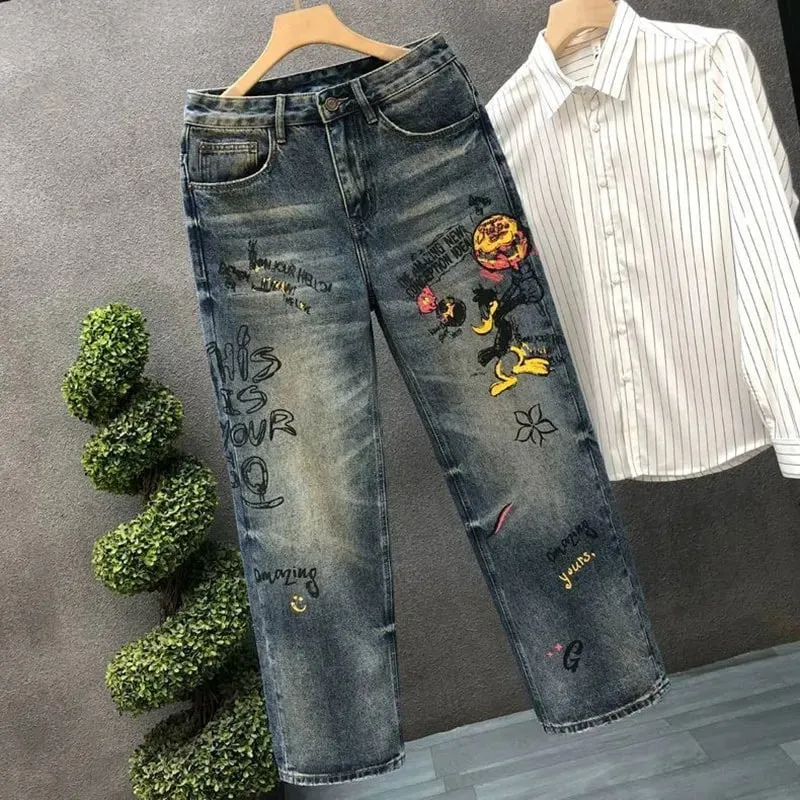 Spring and Autumn New Fashion Trend Print Straight Elastic Denim Pants for Men Casual Loose Retro Sport High-Quality Denim Jeans — image 3