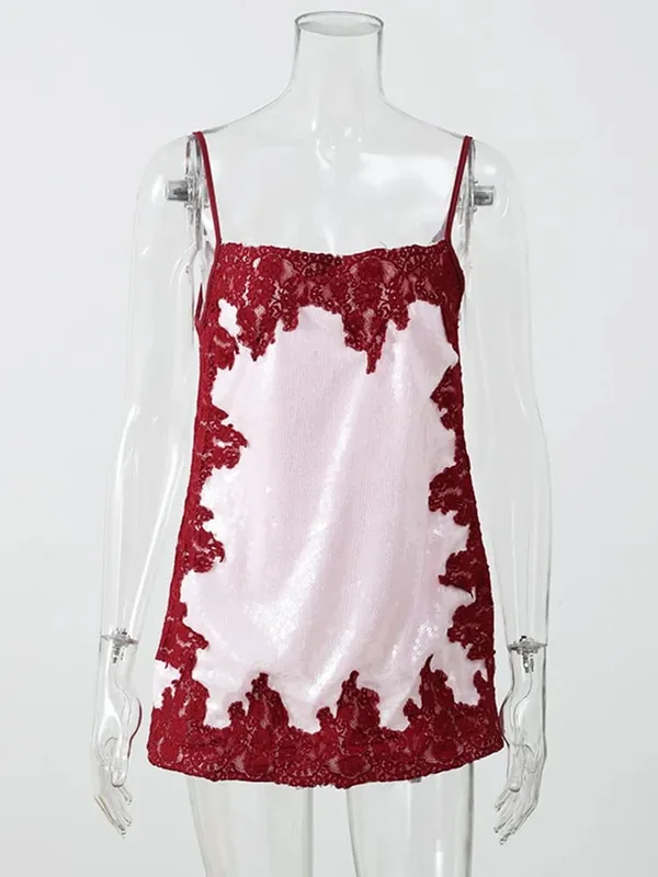 Sexy Sequin Lace Trim Patchwork Short Dress Women V-neck Sleeveless High Waist Mini Sling Dresses 2026 Summer Vacation Lady Robe — image 7