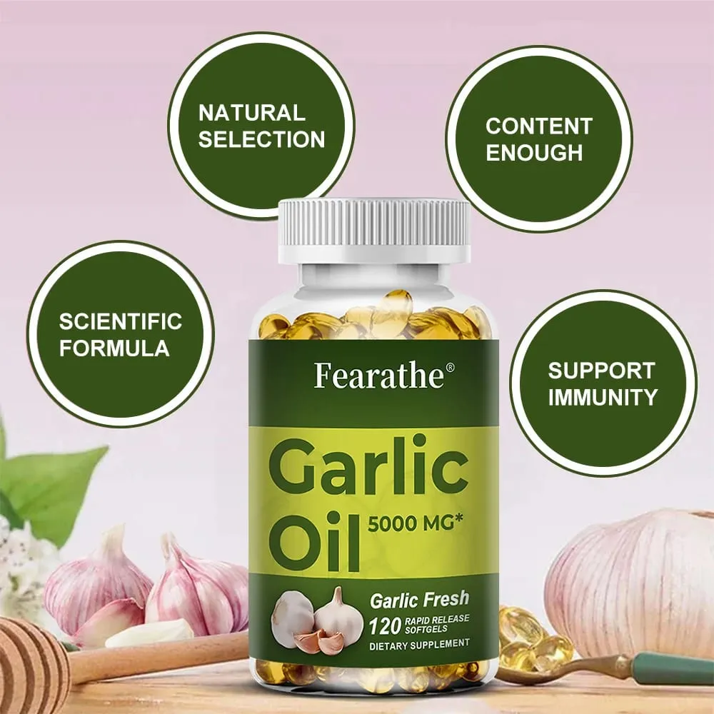 Cápsulas gelatinosas de óleo de alho 5000 mg, circulação cardiovascular imunológica, coração, sem sabor, não transgênico, suplemento sem glúten — image 5