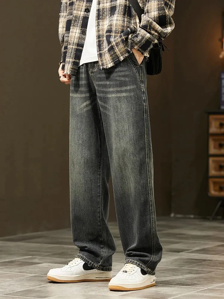 Korean Loose Wide Legs Jeans Men's Vintage Wash Denim Pants Fashion Streetwear Casual Baggy Straight Male Trousers — image 6