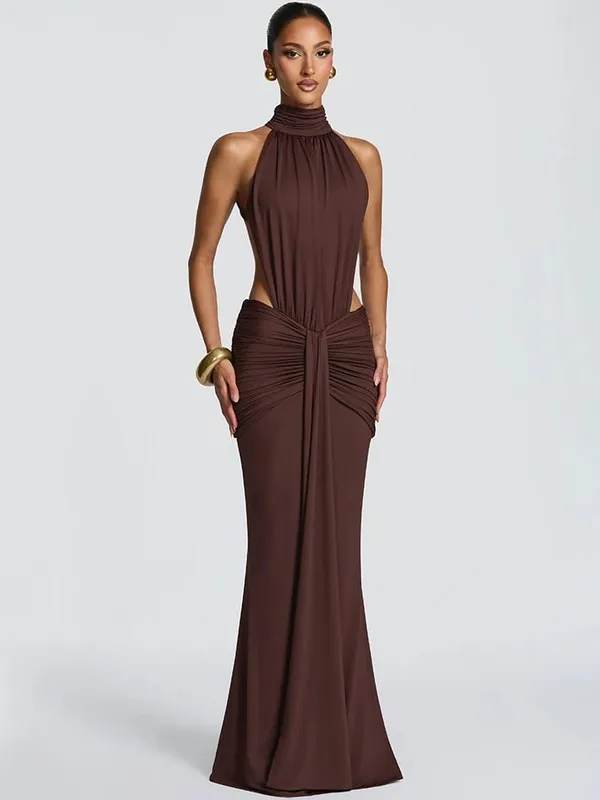 Mozision Turtleneck Backless Sexy Maxi Dress Women Gown Elegant Off-shoulder Sleeveless Ruched Bodycon Club Party Long Dress