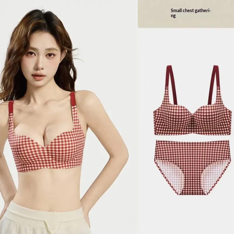 Seamless One-Piece Plaid Bra Set Gathers Small Breasts Makes Them Look Bigger Lifts Comfortable Wireless Underwear Set