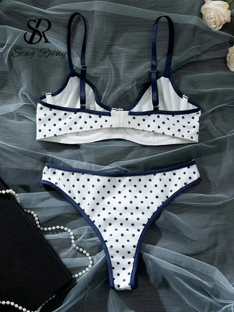 Conjuntos de lingerie com estampa de bolinhas francesas, sutiã com alça para mulheres + cuecas doces, roupa íntima vintage, 2 peças — image 2