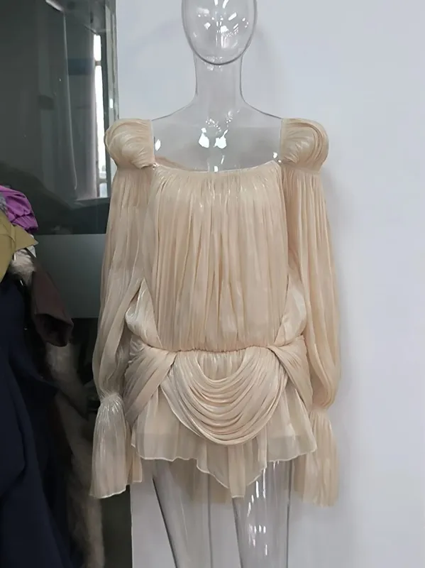 Satin Off Shoulder Pleated Mini Dress for Women Fashion Puff Sleeve Cinched Waist Prom Party Skirt 2026 NEW Summer Lady Dresses — image 7