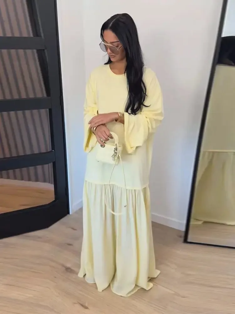 Solid Color Loose Fit Flare Sleeve Tiered Dress Crew Neck Ruffle Hem Pleated Long Maxi Dresses 2026 Spring Chic Casual Outwear — image 3