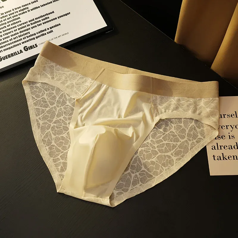 Sem costura jacquard homens triângulo roupa interior de seda gelo fina respirável calcinha de secagem rápida cuecas masculinas sexy u bulge bolsa — image 5