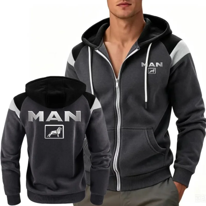 Men's Windproof Fleece Hooded Jacket Block Contrast Sportswear Comfortable Fashionable Truck Man Hoodies Sweatshirts